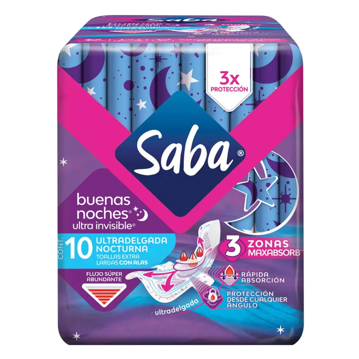 Toalla Femenina Saba Ultra Invisible Nocturna +2Pzinv 10 PZS
